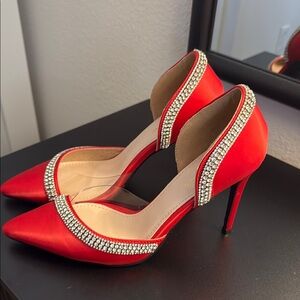 Elegant Red Satin Heels with Rhinestone Detailing